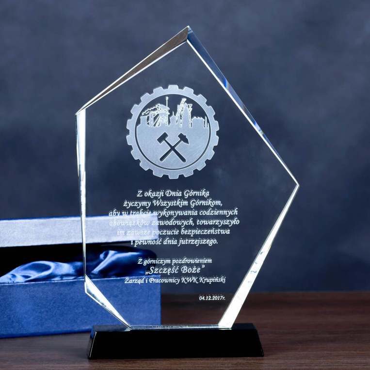 Podziękowania DLA GÓRNIKÓW - okazała statuetka szklana z okazji Barbórki