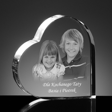 Serce dla taty - Dzień ojca - zdjęcie dzieci grawerowane w szkle