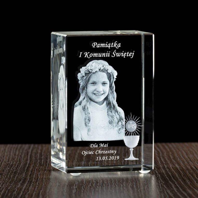 Prostopadłościan kryształowy 3D 80×120×60 mm – Pamiątka I Komunii Świętej z dedykacją