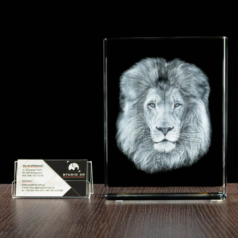Lew – trójwymiarowe zdjęcie 3D wygrawerowane w kryształowej statuetce 150×200×100 mm