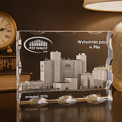 Budynek firmowy 3D - zdjęcie obiektów firmy wygrawerowane szkle