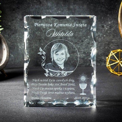 Zdjęcie w szkle z dedykacją Pamiątka na Komunie Świętą od Chrzestnej